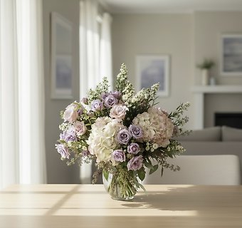 Purple hydrangea/lavender roses vase