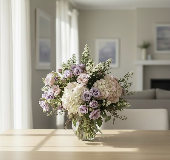 Purple hydrangea/lavender roses vase