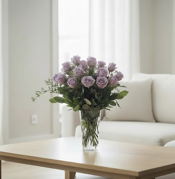 Lavender roses with wax flower