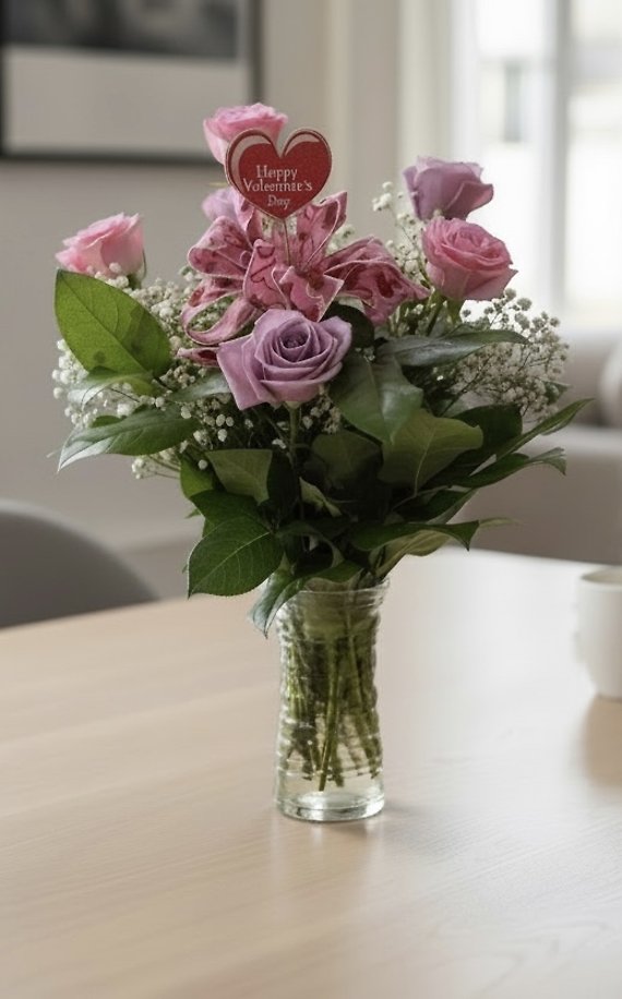 R6 pink and lavender roses vase