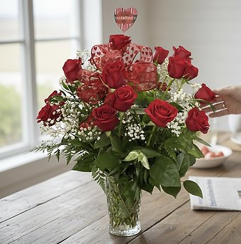 Valentine\'s Special {2dz LS red roses bb and greens}