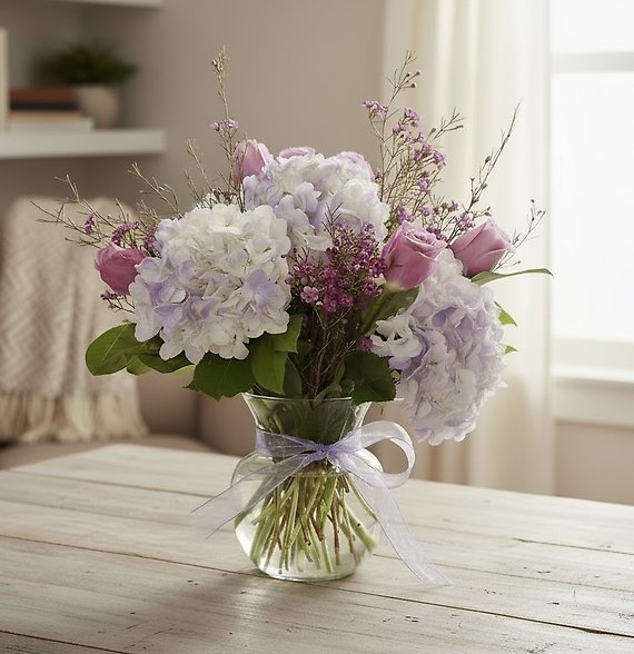 Purple hydrangea/lavender roses vase