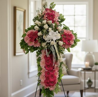 Pink Gerber cross /white roses