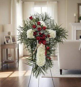 White cross red roses