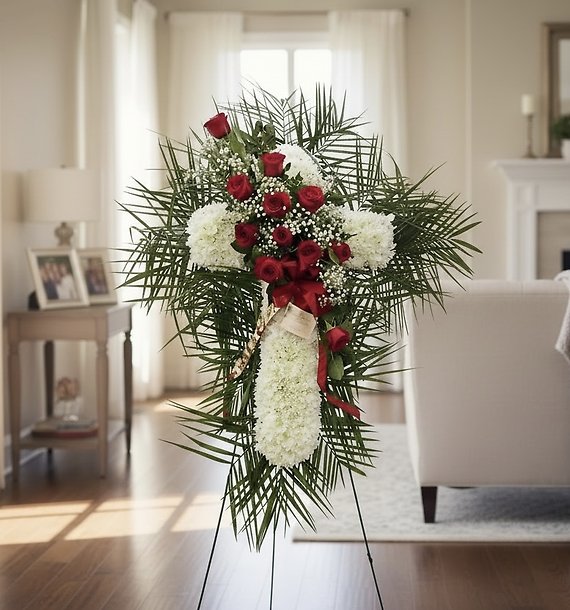 White cross red roses