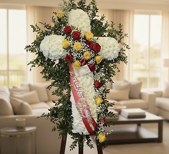 White cross /yellow &red roses