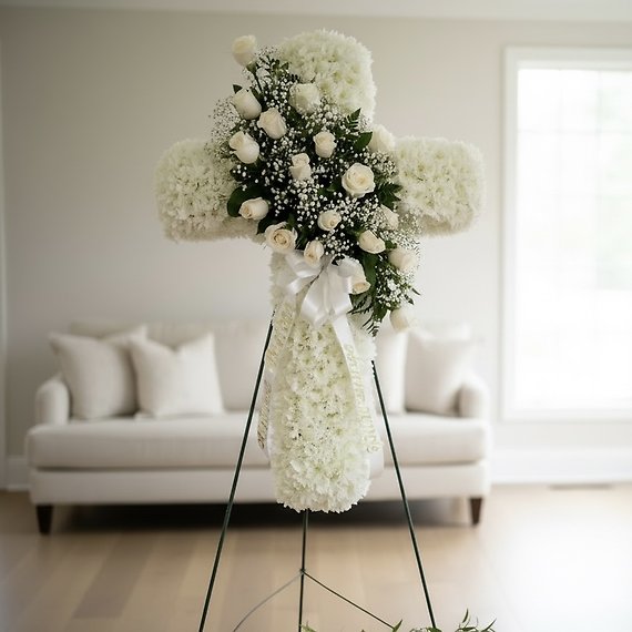 White cross with white roses Bb