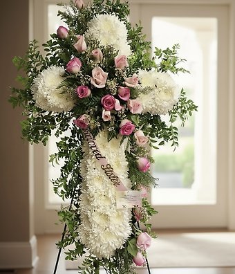 White cross pink roses